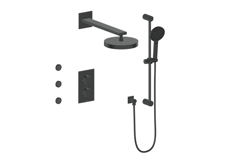 Vogt Mond 3-Function Thermostatic Shower System with 10" Rain Head, Hand Shower & Body Jets – Wall-Mount – Matte Black – SET.M1.320.810.MB