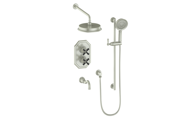 Vogt Carinthia 3-Function Thermostatic Tub & Shower System with 8" Rain Head, Hand Shower & Tub Spout – Wall-Mount – Brushed Nickel / Matte Black – SET.C32.320.310.BB