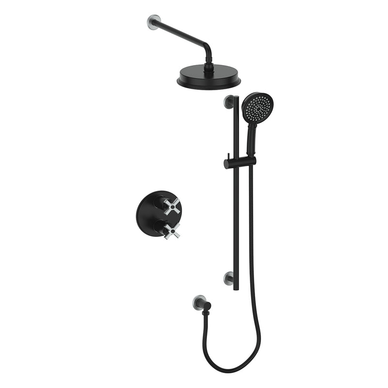 Vogt Zehn 2-Function Thermostatic Shower System with 8" Rain Head & Hand Shower – Wall-Mount – Matte Black / Stainless Steel – SET.Z4.220.210.SB