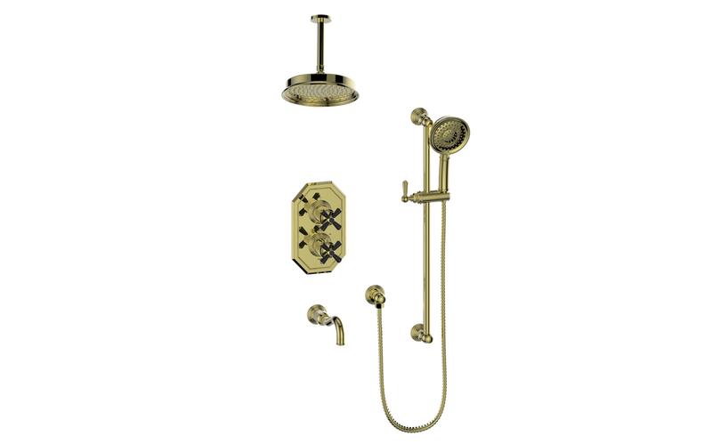 Vogt Carinthia 3-Function Thermostatic Tub & Shower System with 8" Rain Head, Hand Shower & Tub Spout – Ceiling-Mount – Brushed Gold / Matte Black – SET.C32.320.316.BGB