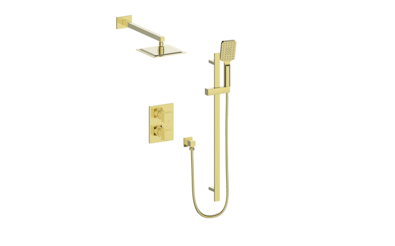 Vogt Kapfenberg 2-Function Thermostatic Shower System with 8" Rain Head & Hand Shower – Wall-Mount – Brushed Gold – SET.KG.220.210.BG