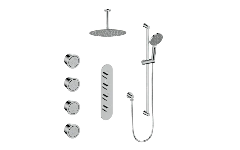 Vogt Worgl 3/4" High-Flow Thermostatic Shower System with 12" Rain Head, Hand Shower & Body Jets – Ceiling-Mount – Chrome – SET.WL.350.936.CC