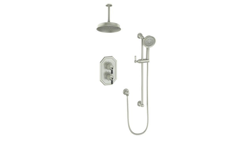 Vogt Carinthia 2-Function Thermostatic Shower System with 8" Rain Head & Hand Shower – Ceiling-Mount – Octagonal Handle – Brushed Nickel / Matte Black – SET.C2.220.216.BB