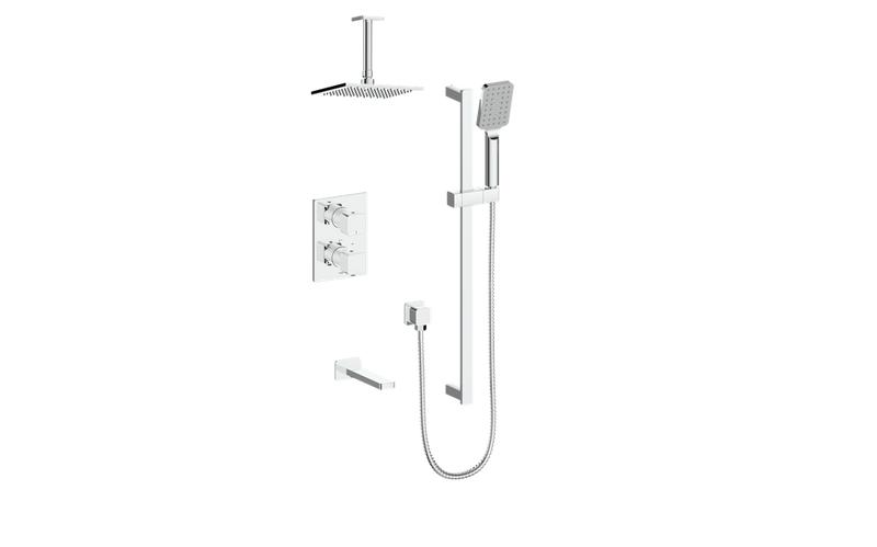 Vogt Niveau 3-Function Thermostatic Tub & Shower System with 8" Rain Head, Hand Shower & Tub Spout – Ceiling-Mount – Chrome – SET.NU.320.316.CC