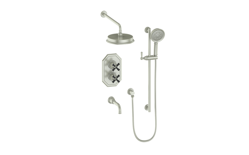 Vogt Carinthia 3-Function Thermostatic Tub & Shower System with 8" Rain Head, Hand Shower & Tub Spout – Wall-Mount – Brushed Nickel / Matte Black – SET.C31.320.310.BB
