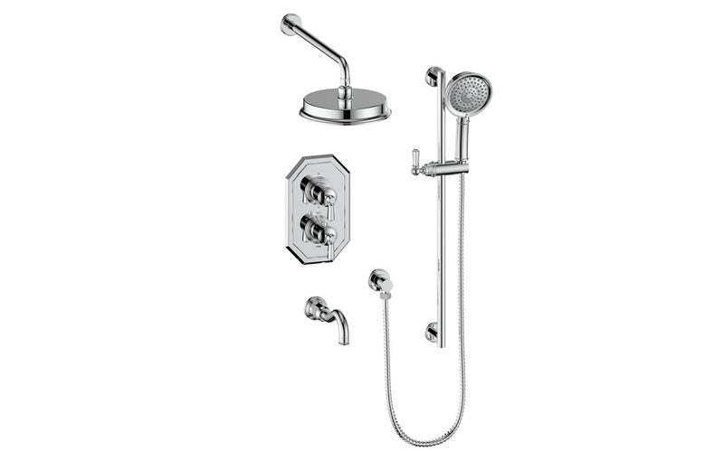 Vogt Carinthia 3-Function Thermostatic Tub & Shower System with 8" Rain Head, Hand Shower & Tub Spout – Wall-Mount – Chrome – SET.C22.320.310.CC
