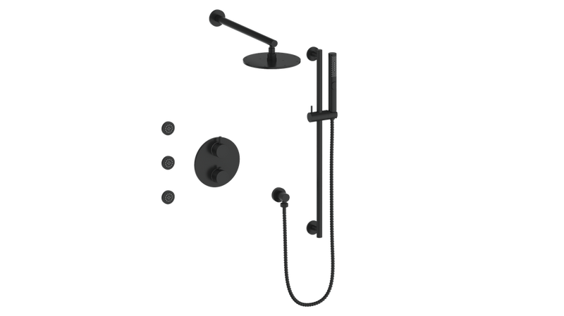 Vogt Drava 3-Function Thermostatic Shower System with 8" Rain Head, Hand Shower & Body Jets – Wall-Mount – Matte Black – SET.DA.320.810.MB