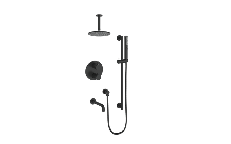 Vogt Drava 3-Function Thermostatic Tub & Shower System with 8" Rain Head, Hand Shower & Tub Spout – Ceiling-Mount – Matte Black – SET.DA.320.316.MB