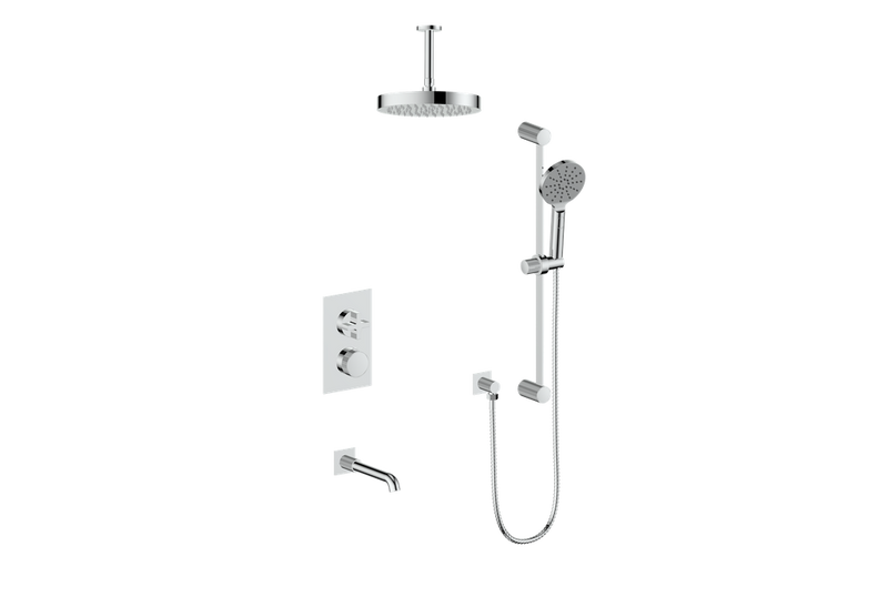 Vogt Mond 3-Function Thermostatic Tub & Shower System with 10" Rain Head, Hand Shower & Tub Spout – Ceiling-Mount – Chrome – SET.M3.320.316.CC