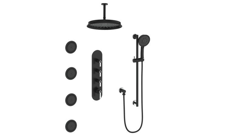 Vogt Zehn 3/4" High-Flow Thermostatic Shower System with 12" Rain Head, Hand Shower & Body Jets – Ceiling-Mount – Matte Black / Chrome – SET.Z1.350.936.CB