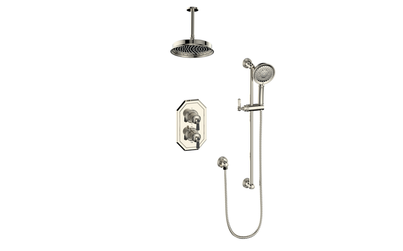 Vogt Carinthia 2-Function Thermostatic Shower System with 8" Rain Head & Hand Shower – Ceiling-Mount – Octagonal Handle – Polished Nickel / Matte Black – SET.C2.220.216.PB