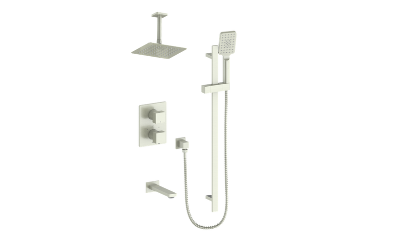 Vogt Kapfenberg 3-Function Thermostatic Tub & Shower System with 8" Rain Head, Hand Shower & Tub Spout – Ceiling-Mount – Brushed Nickel – SET.KG.320.316.BN