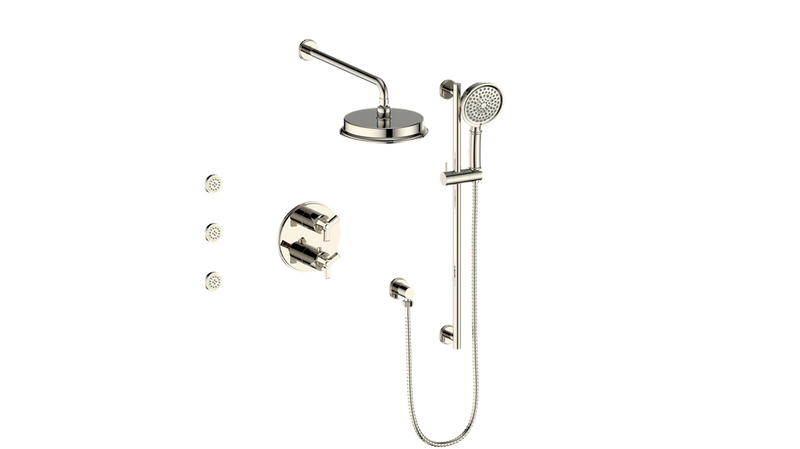 Vogt Zehn 3-Function Thermostatic Shower System with 8" Rain Head, Hand Shower & Body Jets – Wall-Mount – Polished Nickel – SET.Z3.320.810.PN