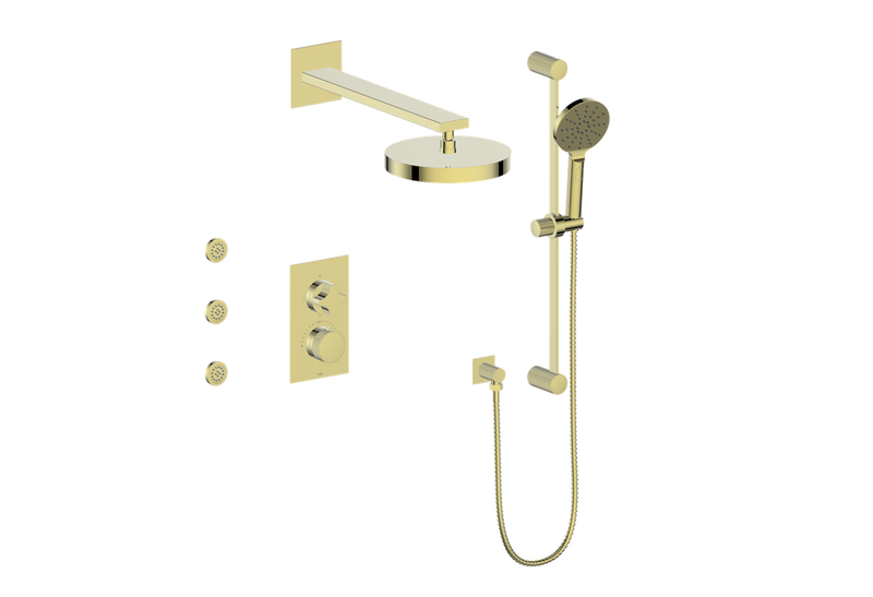 Vogt Mond 3-Function Thermostatic Shower System with 10" Rain Head, Hand Shower & Body Jets – Wall-Mount – Brushed Gold – SET.M2.320.810.BG