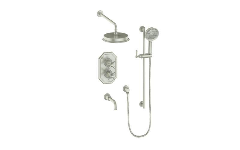 Vogt Carinthia 3-Function Thermostatic Tub & Shower System with 8" Rain Head, Hand Shower & Tub Spout – Wall-Mount – Brushed Nickel – SET.C31.320.310.BN