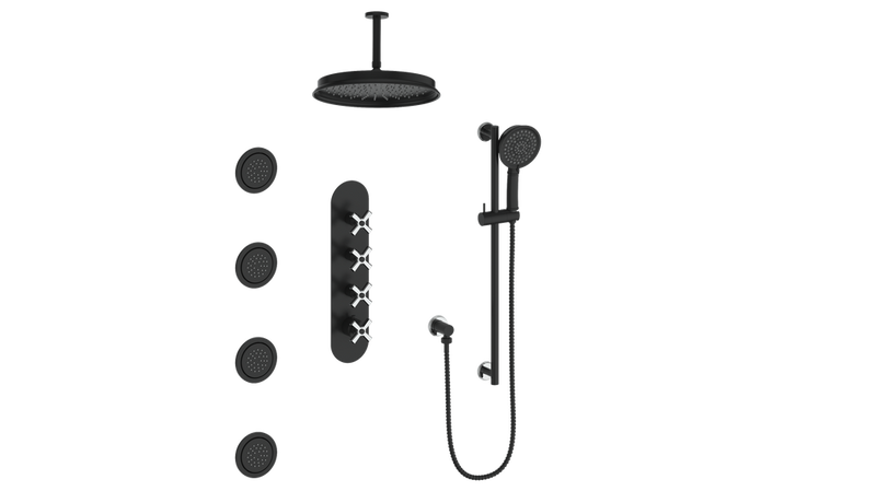 Vogt Zehn 3/4" High-Flow Thermostatic Shower System with 12" Rain Head, Hand Shower & Body Jets – Ceiling-Mount – Matte Black / Chrome – SET.Z4.350.936.CB