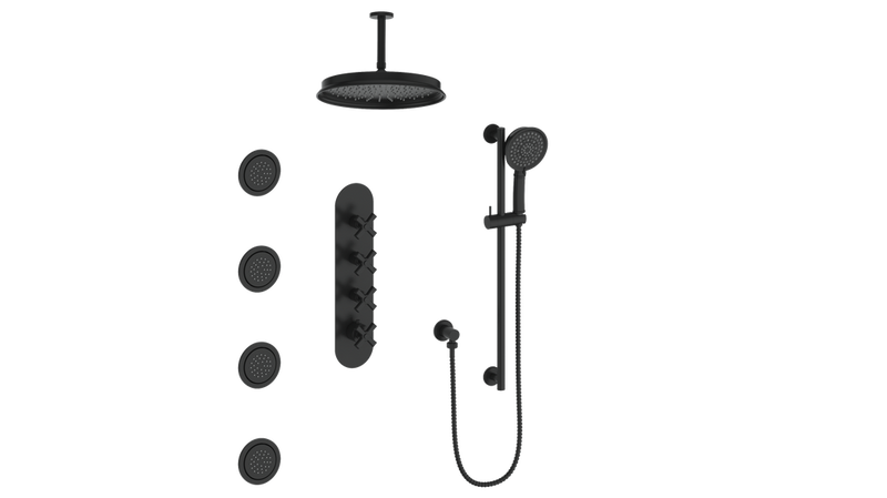 Vogt Zehn 3/4" High-Flow Thermostatic Shower System with 12" Rain Head, Hand Shower & Body Jets – Ceiling-Mount – Matte Black – SET.Z4.350.936.MB