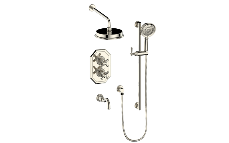 Vogt Carinthia 3-Function Thermostatic Tub & Shower System with 8" Rain Head, Hand Shower & Tub Spout – Wall-Mount – Polished Nickel – SET.C32.320.310.PN