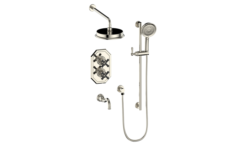 Vogt Carinthia 3-Function Thermostatic Tub & Shower System with 8" Rain Head, Hand Shower & Tub Spout – Wall-Mount – Polished Nickel / Matte Black – SET.C32.320.310.PB