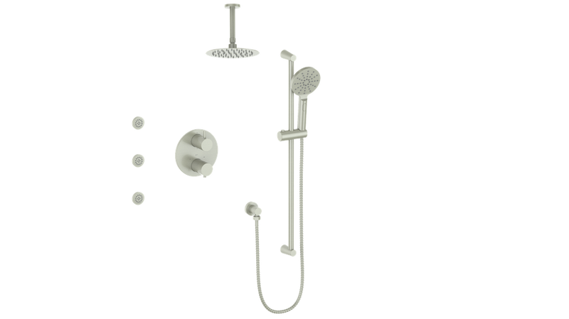Vogt Worgl 3-Function Thermostatic Shower System with 8" Rain Head, Hand Shower & Body Jets – Ceiling-Mount – Brushed Nickel – SET.WL.320.816.BN