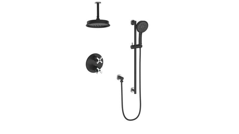 Vogt Zehn 2-Function Thermostatic Shower System with 8" Rain Head & Hand Shower – Ceiling-Mount – Matte Black / Stainless Steel – SET.Z4.220.216.SB