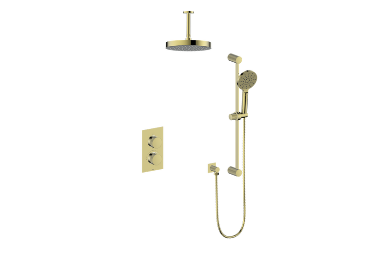 Vogt Mond 2-Function Thermostatic Shower System with 10" Rain Head & Hand Shower – Ceiling-Mount – Brushed Gold – SET.M1.220.216.BG