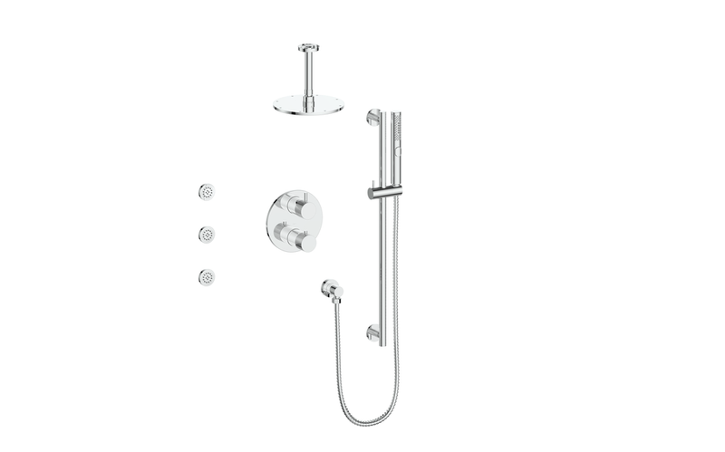 Vogt Drava 3-Function Thermostatic Shower System with 8" Rain Head, Hand Shower & Body Jets – Ceiling-Mount – Chrome – SET.DA.320.816.CC