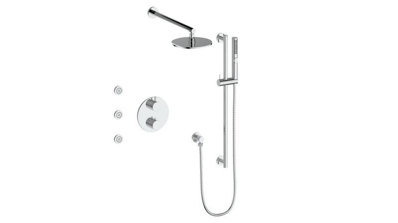 Vogt Drava 3-Function Thermostatic Shower System with 8" Rain Head, Hand Shower & Body Jets – Wall-Mount – Chrome – SET.DA.320.810.CC
