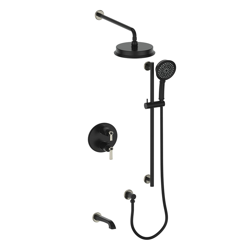 Vogt Zehn 3-Function Thermostatic Tub & Shower System with 8" Rain Head, Hand Shower & Tub Spout – Wall-Mount – Matte Black / Polished Nickel – SET.Z1.320.310.PB