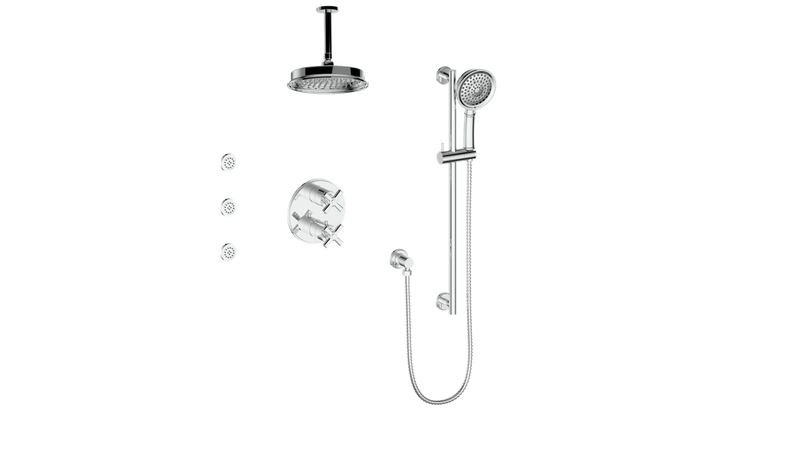 Vogt Zehn 3-Function Thermostatic Shower System with 8" Rain Head, Hand Shower & Body Jets – Ceiling-Mount – Chrome – SET.Z4.320.816.CC
