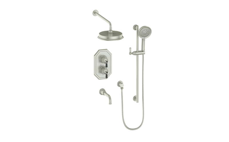 Vogt Carinthia 3-Function Thermostatic Tub & Shower System with 8" Rain Head, Hand Shower & Tub Spout – Wall-Mount – Brushed Nickel / Matte Black – SET.C21.320.310.BB