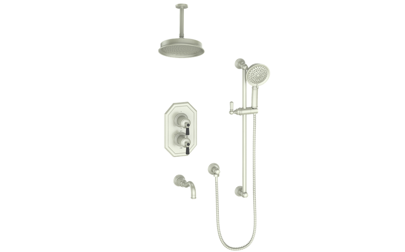 Vogt Carinthia 3-Function Thermostatic Tub & Shower System with 8" Rain Head, Hand Shower & Tub Spout – Ceiling-Mount – Brushed Nickel / Matte Black – SET.C22.320.316.BB
