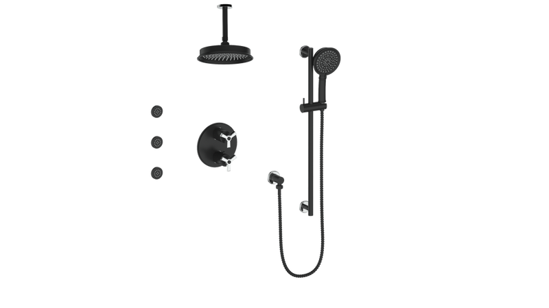 Vogt Zehn 3-Function Thermostatic Shower System with 8" Rain Head, Hand Shower & Body Jets – Ceiling-Mount – Matte Black / Chrome – SET.Z3.320.816.CB