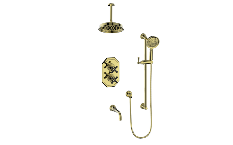 Vogt Carinthia 3-Function Thermostatic Tub & Shower System with 8" Rain Head, Hand Shower & Tub Spout – Ceiling-Mount – Brushed Gold / Matte Black – SET.C31.320.316.BGB
