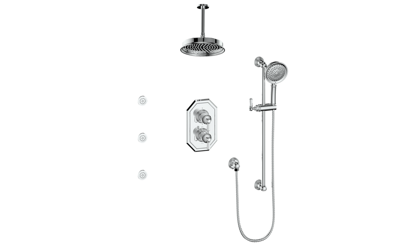 Vogt Carinthia 3-Function Thermostatic Shower System with 8" Rain Head, Hand Shower & Body Jets – Ceiling-Mount – Octagonal Handle – Chrome – SET.C2.320.816.CC