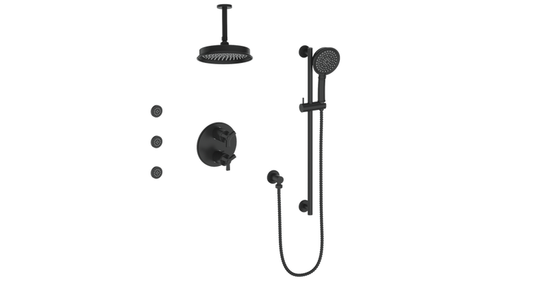 Vogt Zehn 3-Function Thermostatic Shower System with 8" Rain Head, Hand Shower & Body Jets – Ceiling-Mount – Matte Black – SET.Z3.320.816.MB