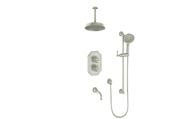 Vogt Carinthia 3-Function Thermostatic Tub & Shower System with 8" Rain Head, Hand Shower & Tub Spout – Ceiling-Mount – Brushed Nickel – SET.C11.320.316.BN