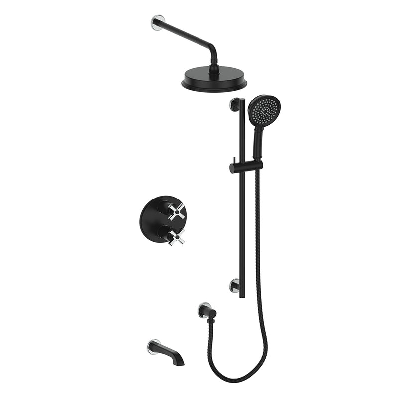 Vogt Zehn 3-Function Thermostatic Tub & Shower System with 8" Rain Head, Hand Shower & Tub Spout – Wall-Mount – Matte Black / Chrome – SET.Z4.320.310.CB