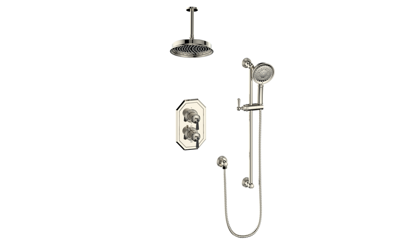 Vogt Carinthia 2-Function Thermostatic Shower System with 8" Rain Head & Hand Shower – Ceiling-Mount – Lever Handle – Polished Nickel / Matte Black – SET.C1.220.216.PB