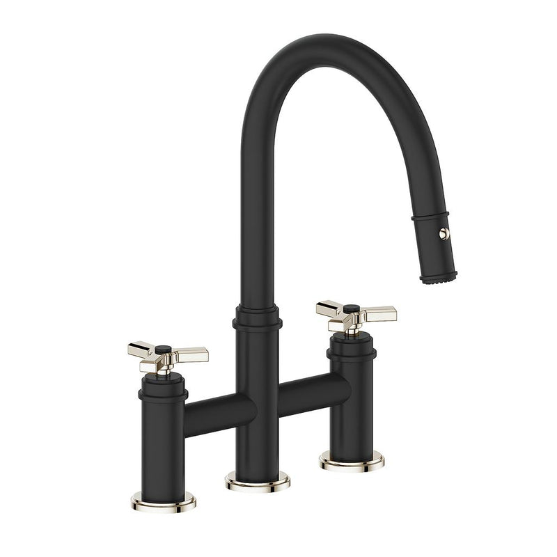Vogt Zehn Pull-Down Bridge Kitchen Faucet – Matte Black / Polished Nickel – KF.17ZN.1312.PB