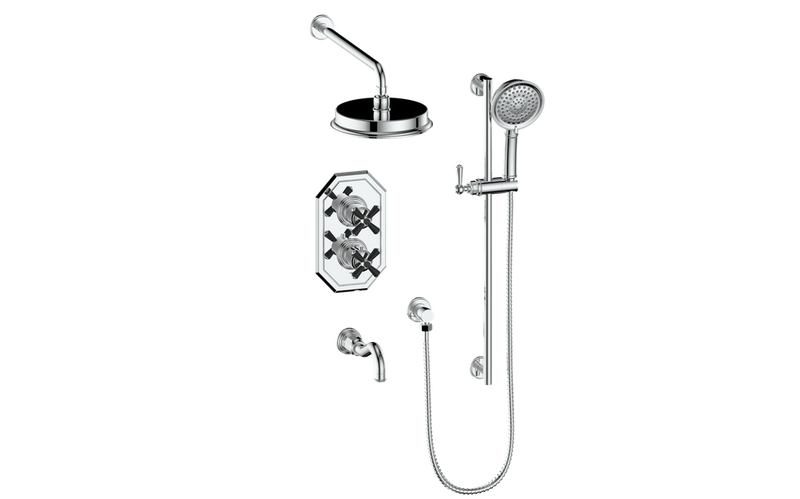 Vogt Carinthia 3-Function Thermostatic Tub & Shower System with 8" Rain Head, Hand Shower & Tub Spout – Wall-Mount – Chrome / Matte Black – SET.C32.320.310.CB
