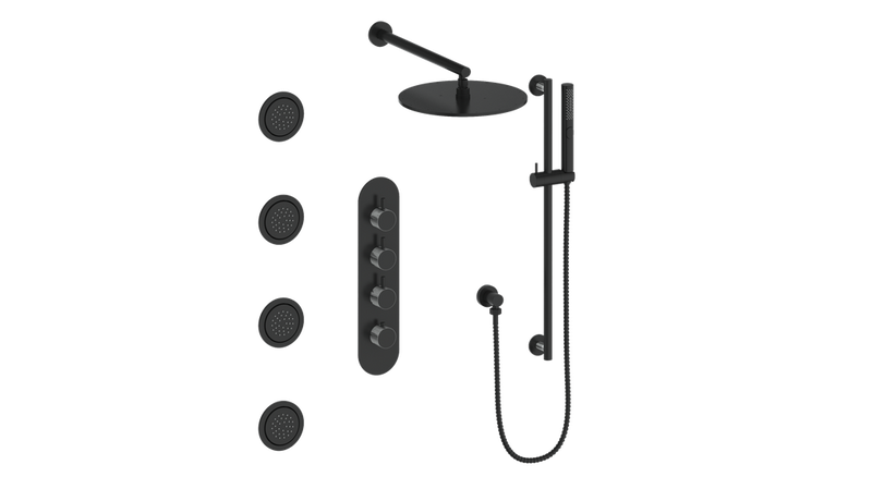 Vogt Drava 3-Function Thermostatic Shower System with 12" Rain Head, Hand Shower & Body Jets – Wall-Mount – 3/4" Valve – Matte Black / Chrome – SET.DA.350.930.CB