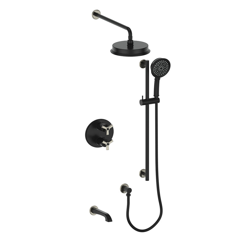 Vogt Zehn 3-Function Thermostatic Tub & Shower System with 8" Rain Head, Hand Shower & Tub Spout – Wall-Mount – Matte Black / Polished Nickel – SET.Z3.320.310.PB