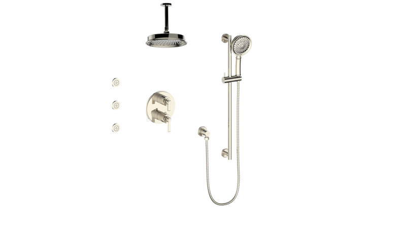 Vogt Zehn 3-Function Thermostatic Shower System with 8" Rain Head, Hand Shower & Body Jets – Ceiling-Mount – Polished Nickel – SET.Z1.320.816.PN