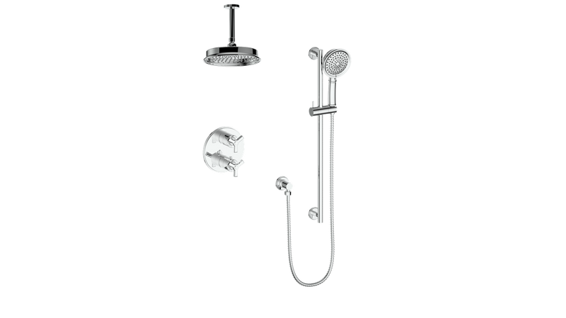 Vogt Zehn 2-Function Thermostatic Shower System with 8" Rain Head & Hand Shower – Ceiling-Mount – Chrome – SET.Z3.220.216.CC