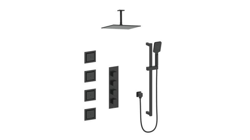 Vogt Niveau 3/4" High-Flow Thermostatic Shower System with 12" Rain Head, Hand Shower & Body Jets – Ceiling-Mount – Matte Black – SET.NU.350.936.MB