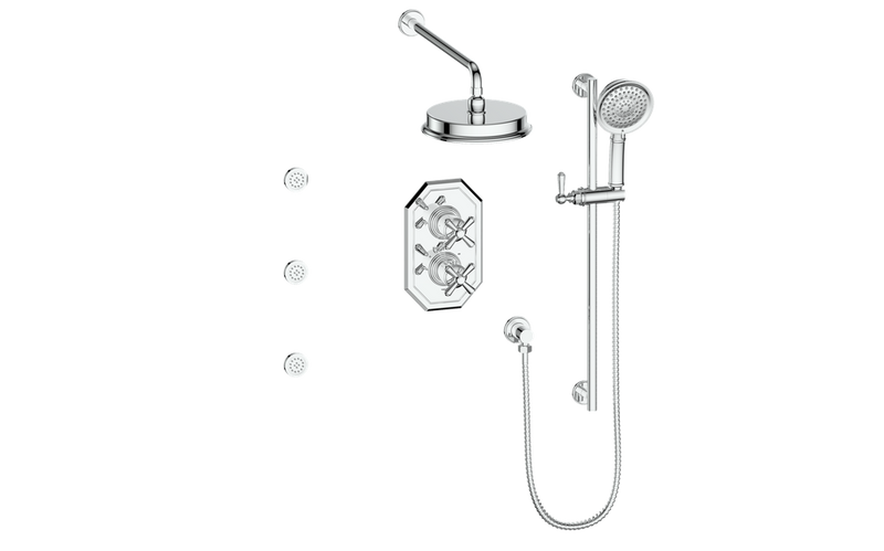 Vogt Carinthia 3-Function Thermostatic Shower System with 8" Rain Head, Hand Shower & Body Jets – Wall-Mount – Cross Handle – Chrome – SET.C3.320.810.CC