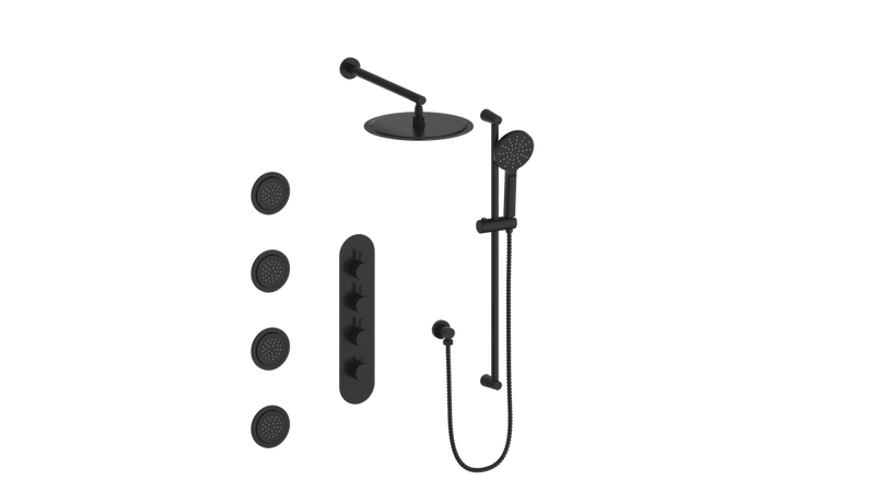 Vogt Worgl 3/4" High-Flow Thermostatic Shower System with 12" Rain Head, Hand Shower & Body Jets – Wall-Mount – Matte Black – SET.WL.350.930.MB