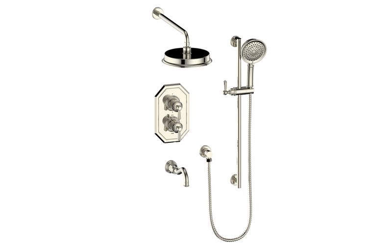 Vogt Carinthia 3-Function Thermostatic Tub & Shower System with 8" Rain Head, Hand Shower & Tub Spout – Wall-Mount – Polished Nickel – SET.C12.320.310.PN