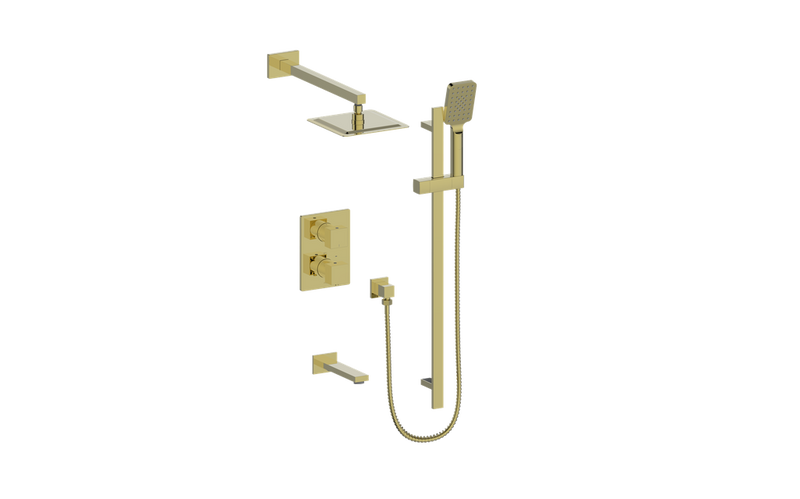 Vogt Kapfenberg 3-Function Thermostatic Tub & Shower System with 8" Rain Head, Hand Shower & Tub Spout – Wall-Mount – Brushed Gold – SET.KG.320.310.BG